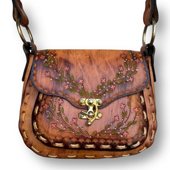 Hand Tooled Leather Boho Hippie Bag Painted Flower Purse Whipstitch - Picture 1 of 12